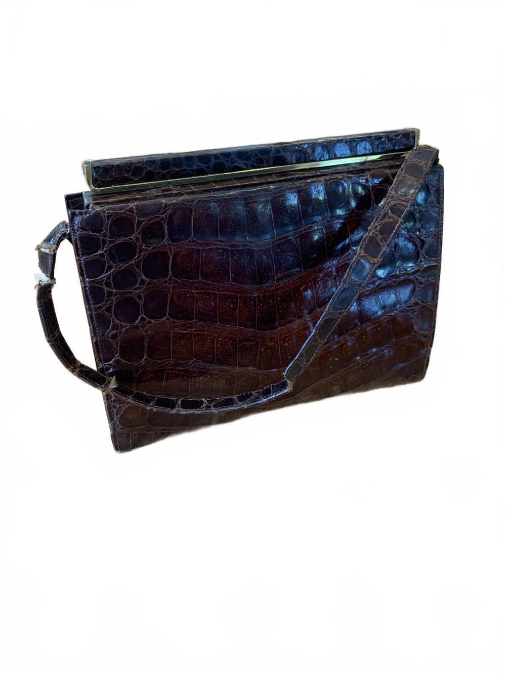 Vintage Mayer New York Crocodile Embossed Leather Handbag with Gold Tone Frame